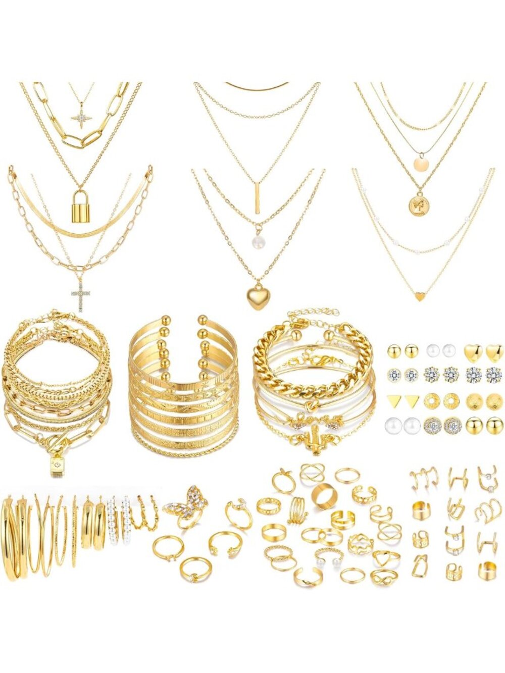 93 Pcs Golden Jewelry Set for Women - Plated Necklace, Bracelet, Earrings